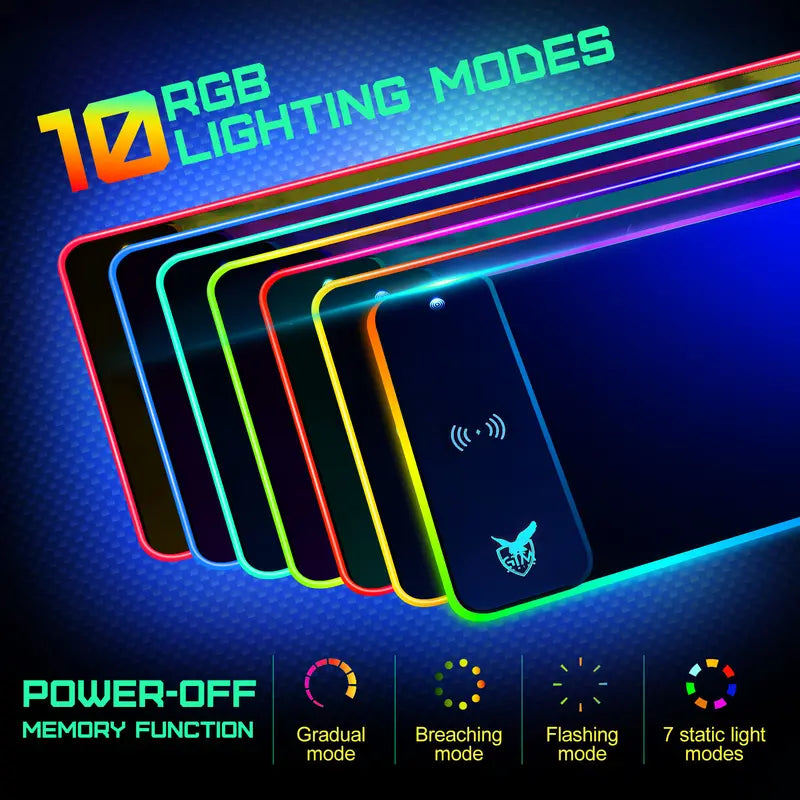 RGB Wireless Charging Gaming Mouse Pad - 10 Light Modes, Extra Large 800X300X4Mm LED Mat for PC, Macbook, Laptop
