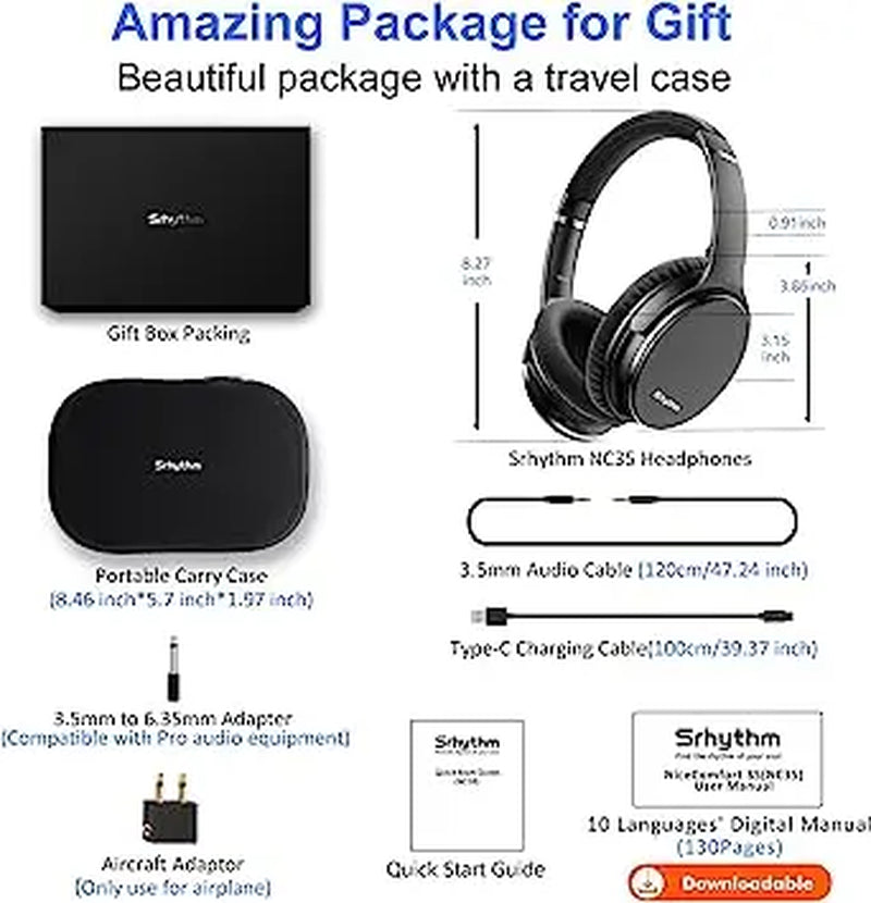 SRHYTHM NC35 Wireless Noise Cancelling Headphones: Bluetooth 5.0, Fast Charge, Mega Bass, 50+ Hours Playtime