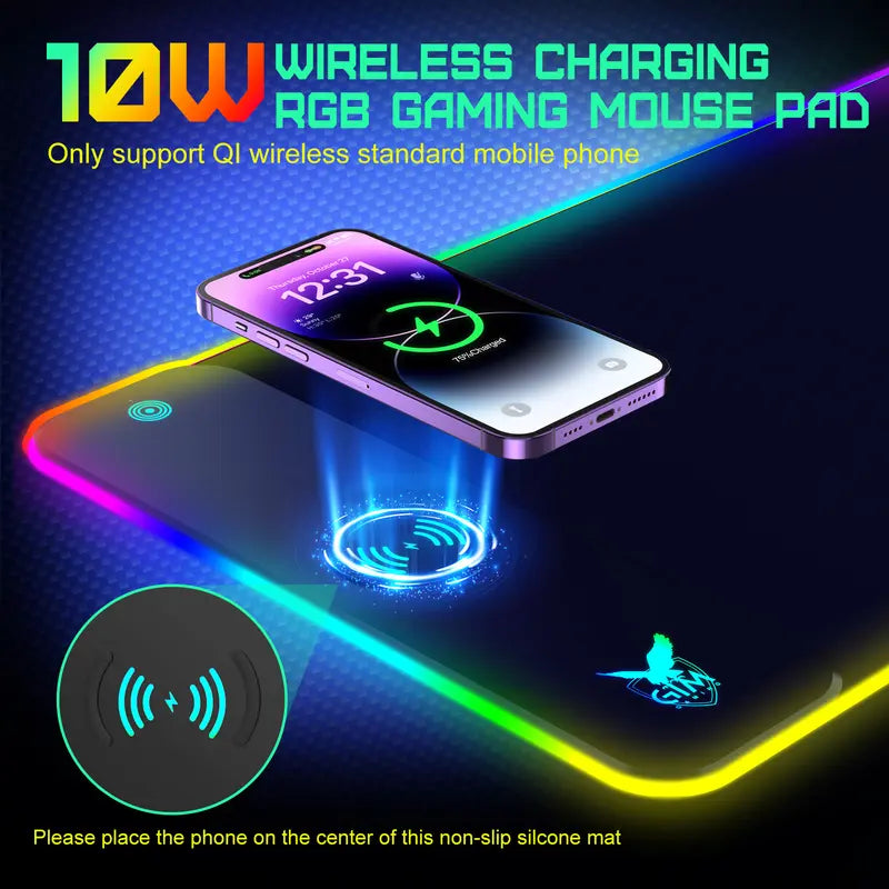 RGB Wireless Charging Gaming Mouse Pad - 10 Light Modes, Extra Large 800X300X4Mm LED Mat for PC, Macbook, Laptop
