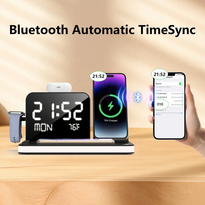 Bezosmax 7-in-1 Wireless Charging Station: Fast Charger, Bluetooth Timesync, Night Lamp, Temperature Display, Night Stand