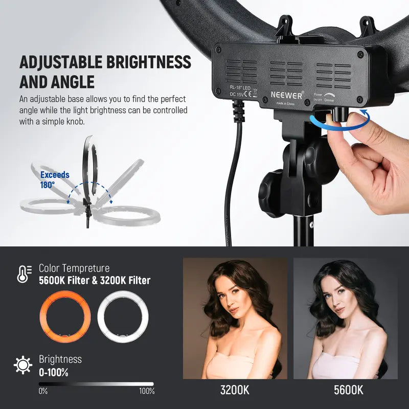 NEEWER RL-18 18" Dimmable LED Ring Light Kit with Stand