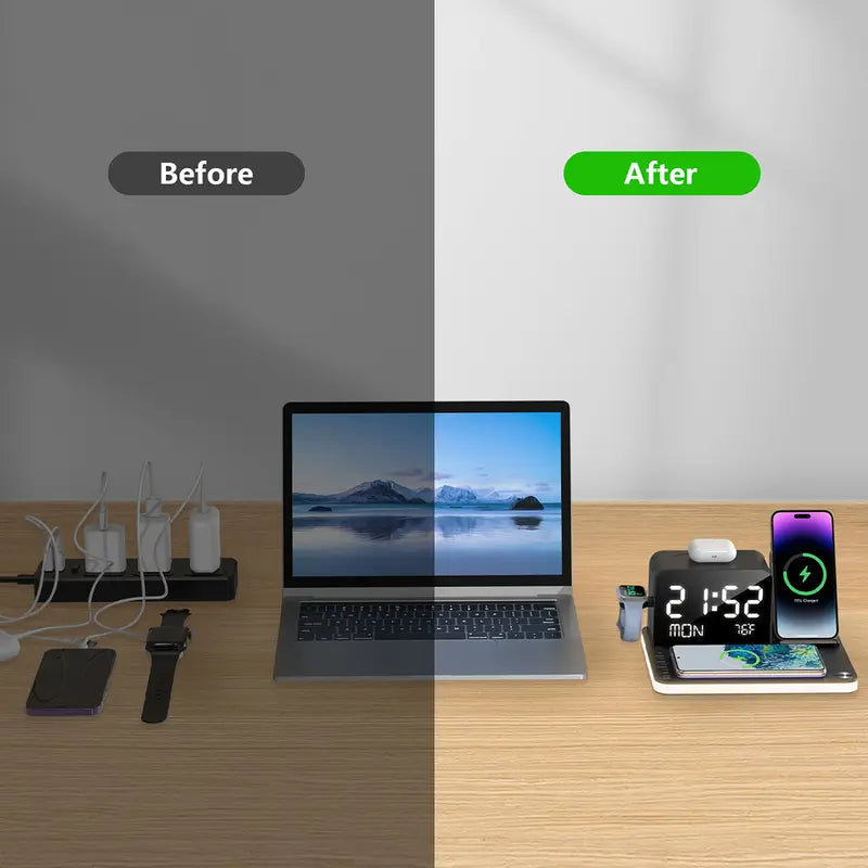 Bezosmax 7-in-1 Wireless Charging Station: Fast Charger, Bluetooth Timesync, Night Lamp, Temperature Display, Night Stand