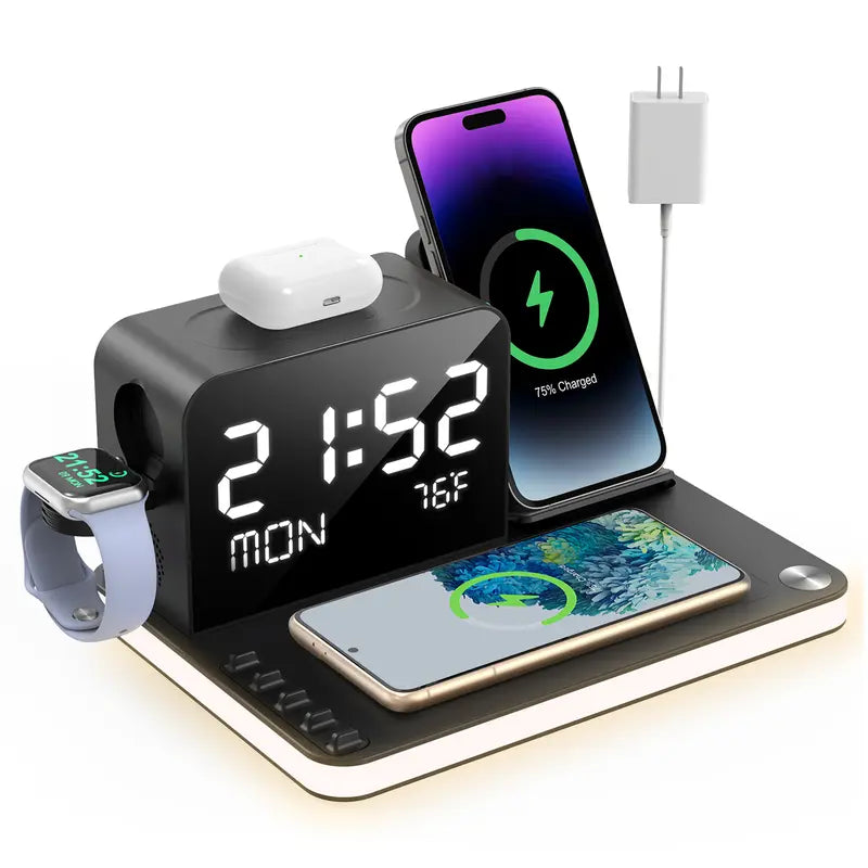 Bezosmax 7-in-1 Wireless Charging Station: Fast Charger, Bluetooth Timesync, Night Lamp, Temperature Display, Night Stand