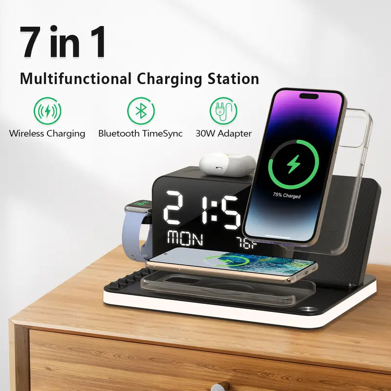 Bezosmax 7-in-1 Wireless Charging Station: Fast Charger, Bluetooth Timesync, Night Lamp, Temperature Display, Night Stand