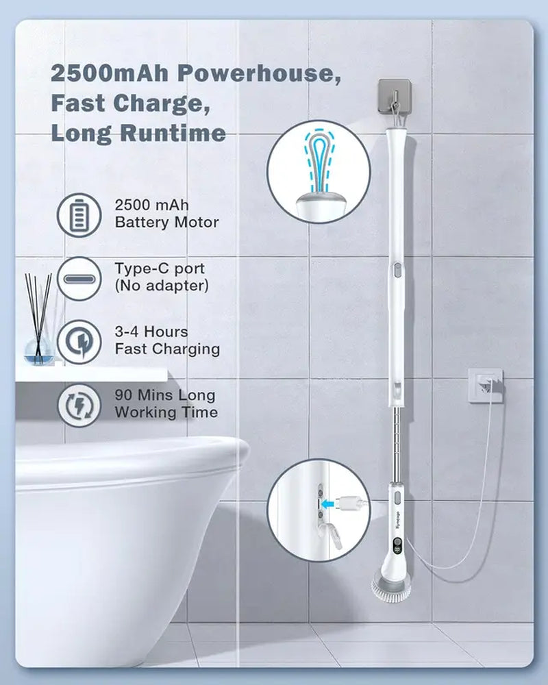 Powerful Cordless Electric Spin Scrubber with 6 Brush Heads and Adjustable Handle