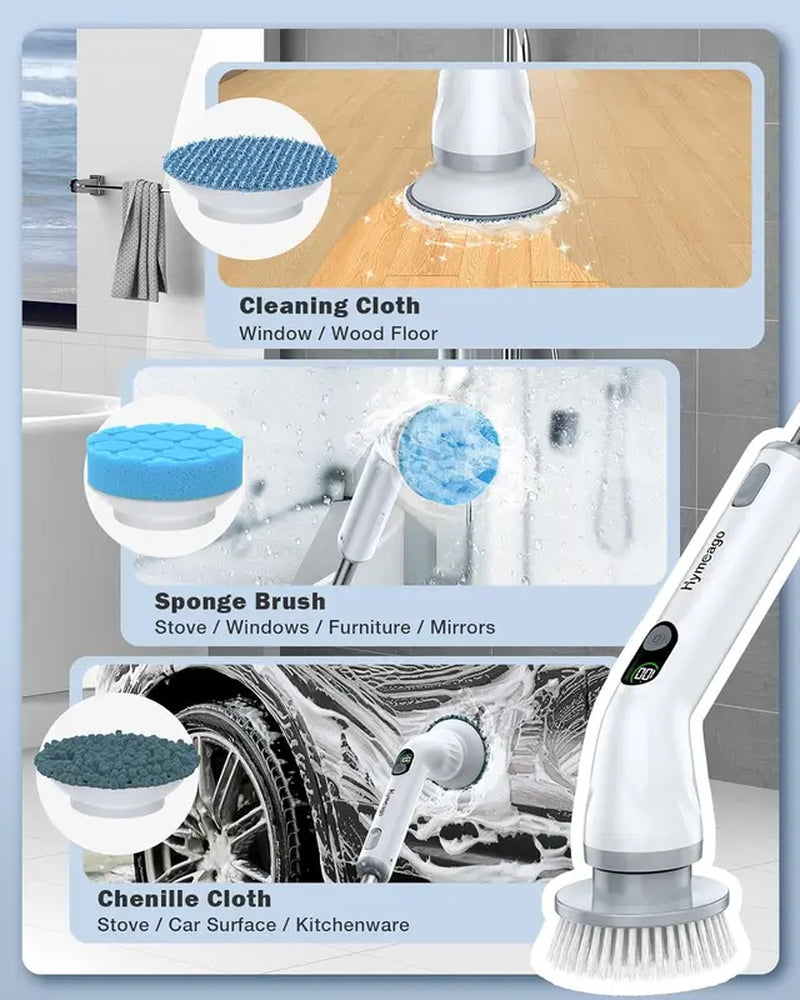 Powerful Cordless Electric Spin Scrubber with 6 Brush Heads and Adjustable Handle