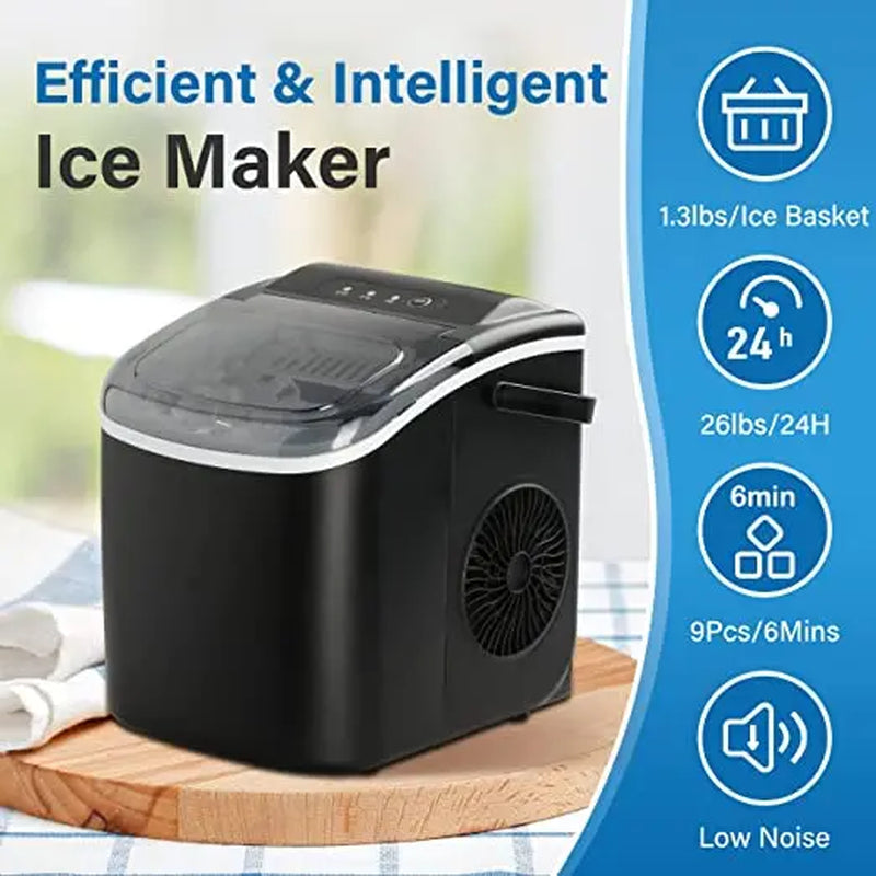 Fast Ice Maker Machine for Countertop - Makes 26Lbs Ice/24Hrs, 9 Ice Cubes in 6 Mins, Self-Clean, Scoop & Basket Included - Lightweight & Portable Kitchen Essential"]