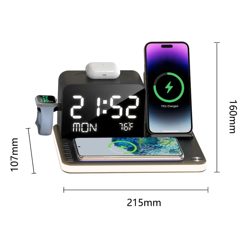 Bezosmax 7-in-1 Wireless Charging Station: Fast Charger, Bluetooth Timesync, Night Lamp, Temperature Display, Night Stand