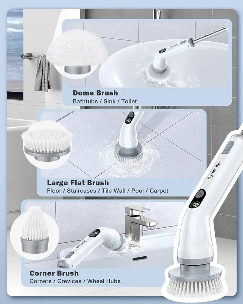 Powerful Cordless Electric Spin Scrubber with 6 Brush Heads and Adjustable Handle