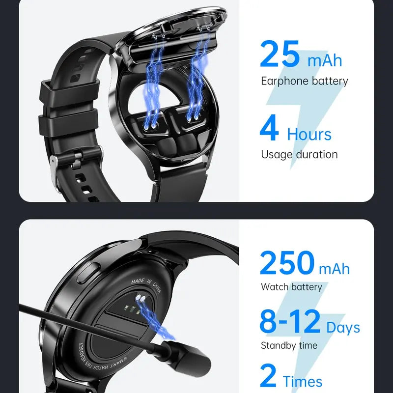 Luxury 2-in-1 Smart Watch with Earbuds: Recording, Heart Rate Monitoring, IPX7 Waterproof Fitness Tracker